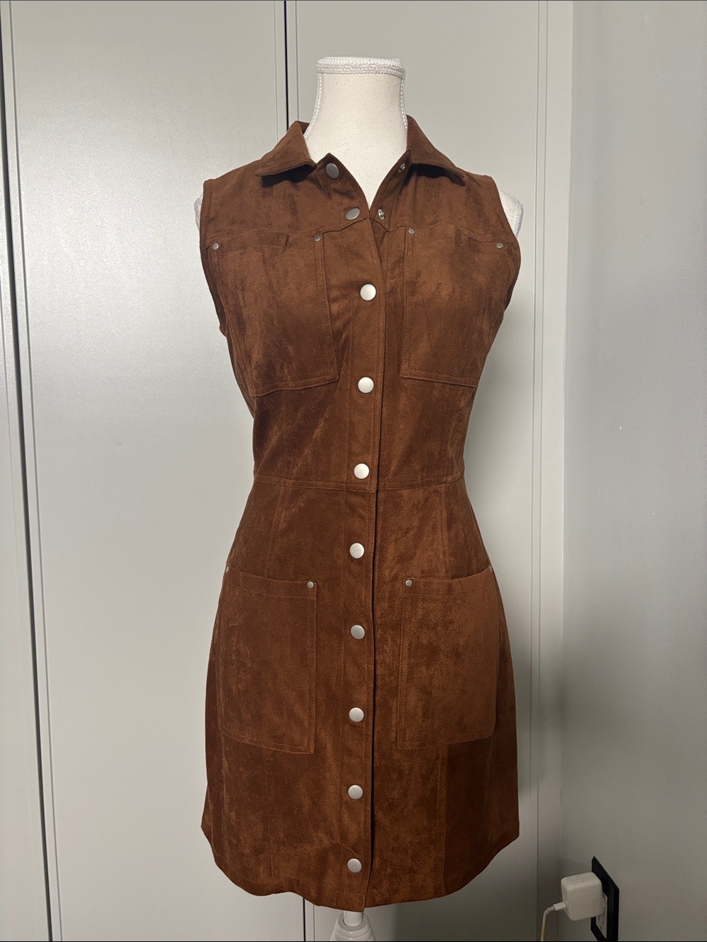 BB Dakota Sleeveless Faux Suede Snap-Front Dress in Brown